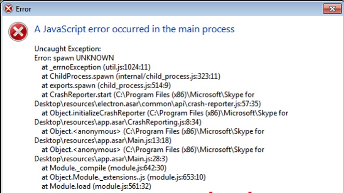 lỗi a javascript error occurred in the main process